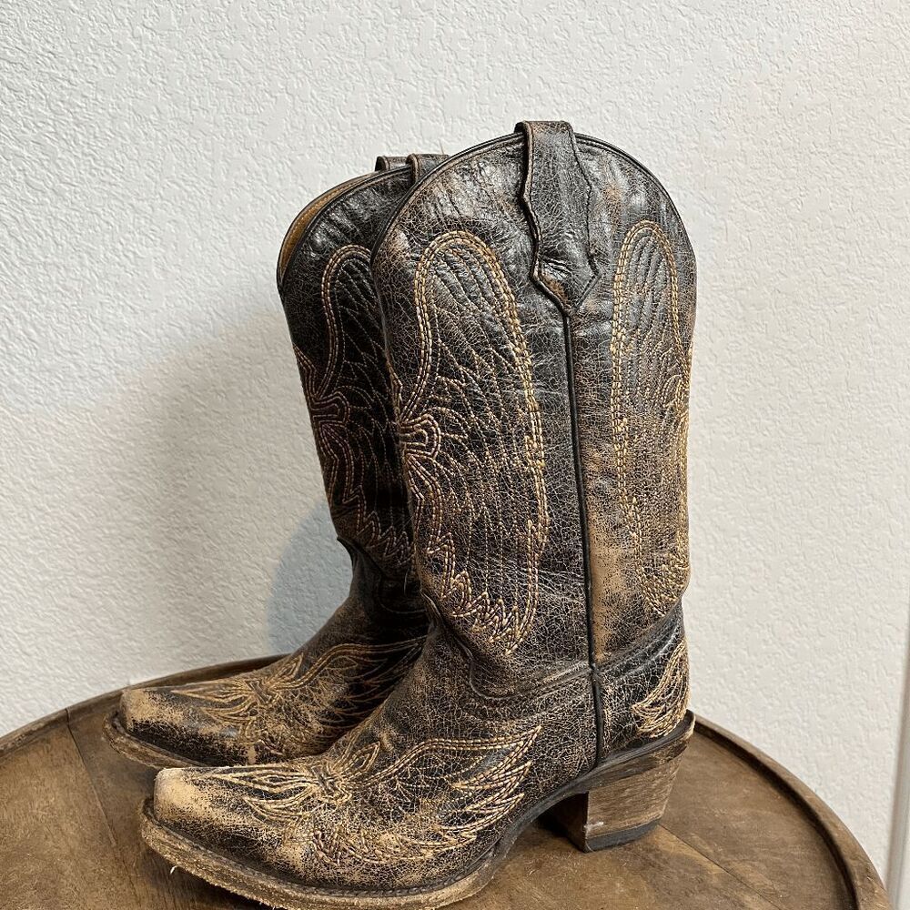 Corral Boots Teens Wing & Gross Brown Gold Western Cowboy Boots Youth Size 2